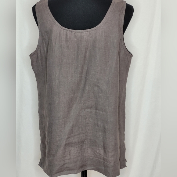 Eileen Fisher Taupe 100% Irish Linen Sleeveless Subtly Beaded Top - Size M - Picture 4 of 11